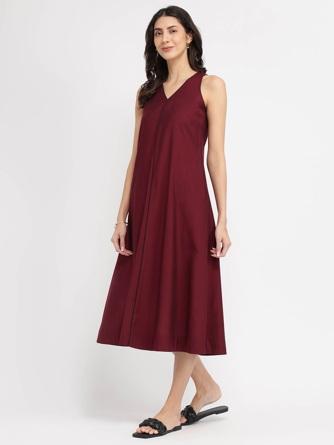 Cotton Solid A-Line Dress - Red
