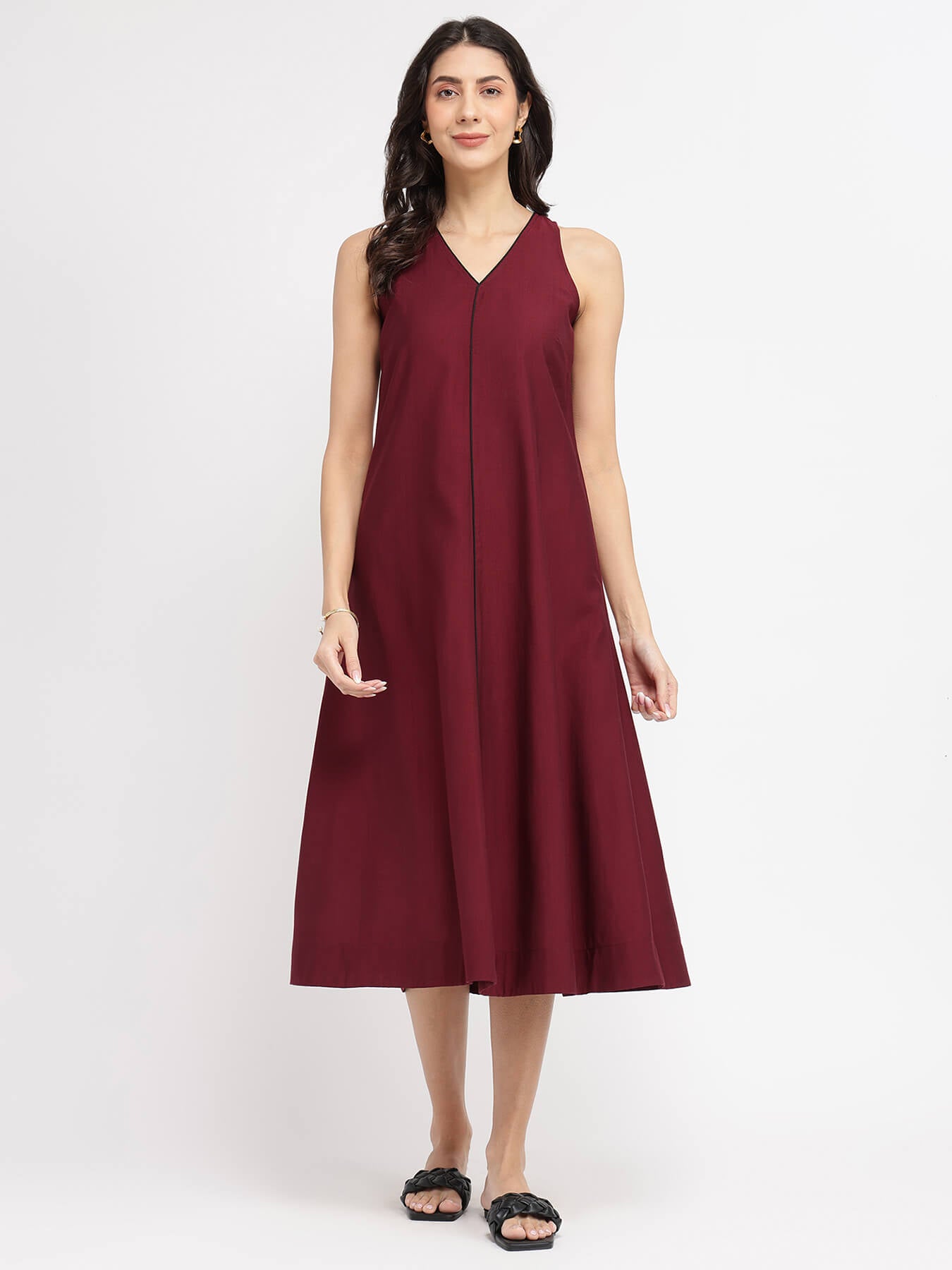 Cotton Solid A-Line Dress - Red