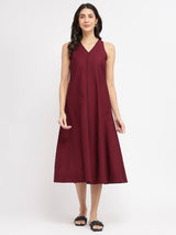 Cotton Solid A-Line Dress - Red