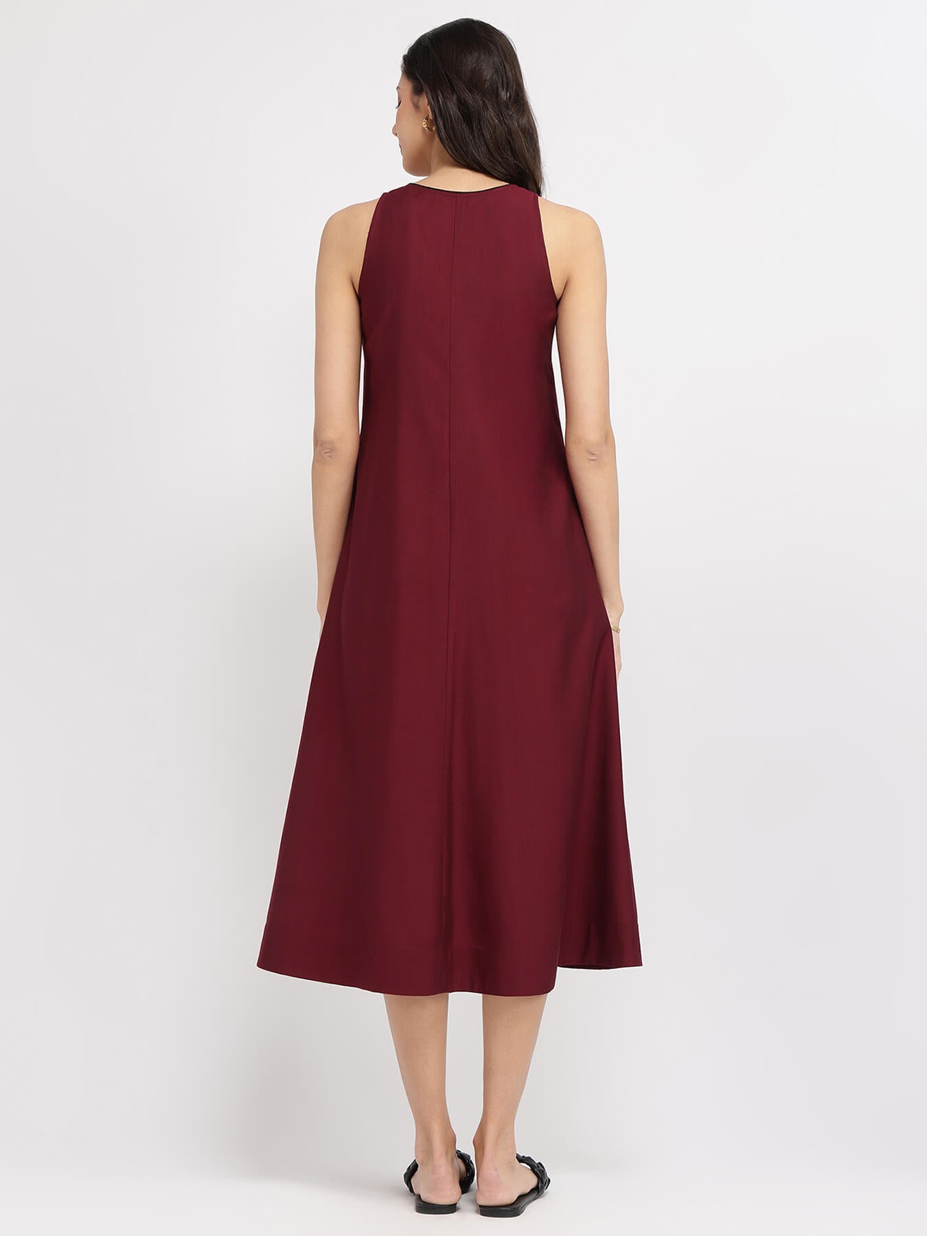 Cotton Solid A-Line Dress - Red