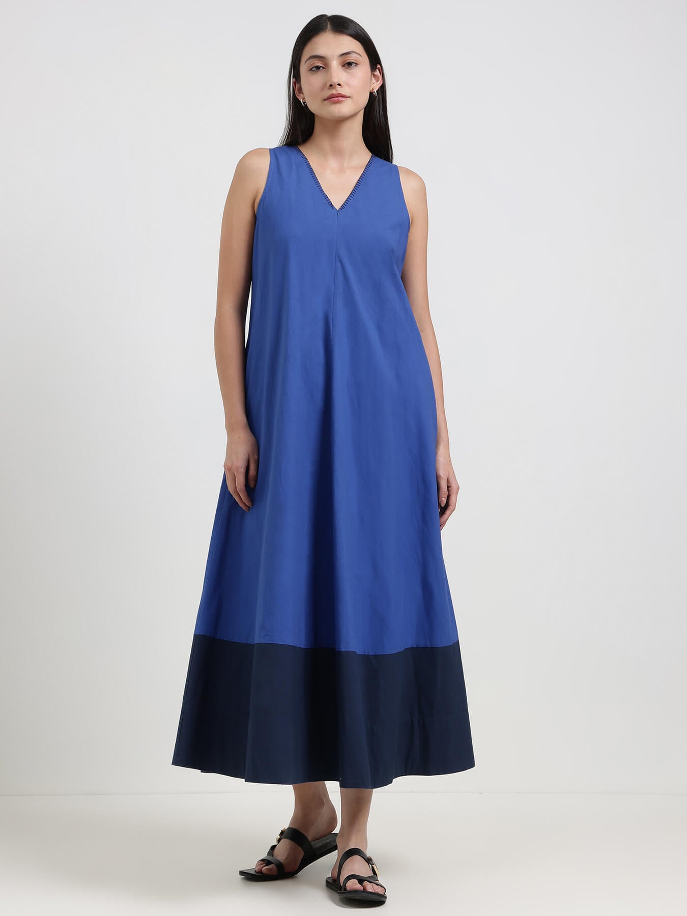 Cotton Colourblock A-Line Dress - Blue