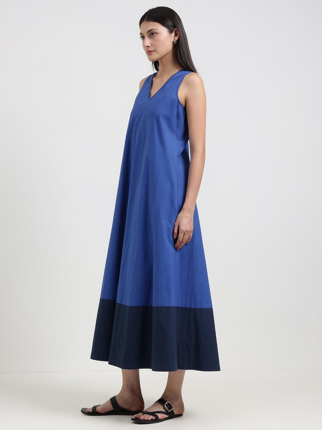 Cotton Colourblock A-Line Dress - Blue