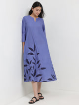 Cotton Floral A-Line Dress - Blue