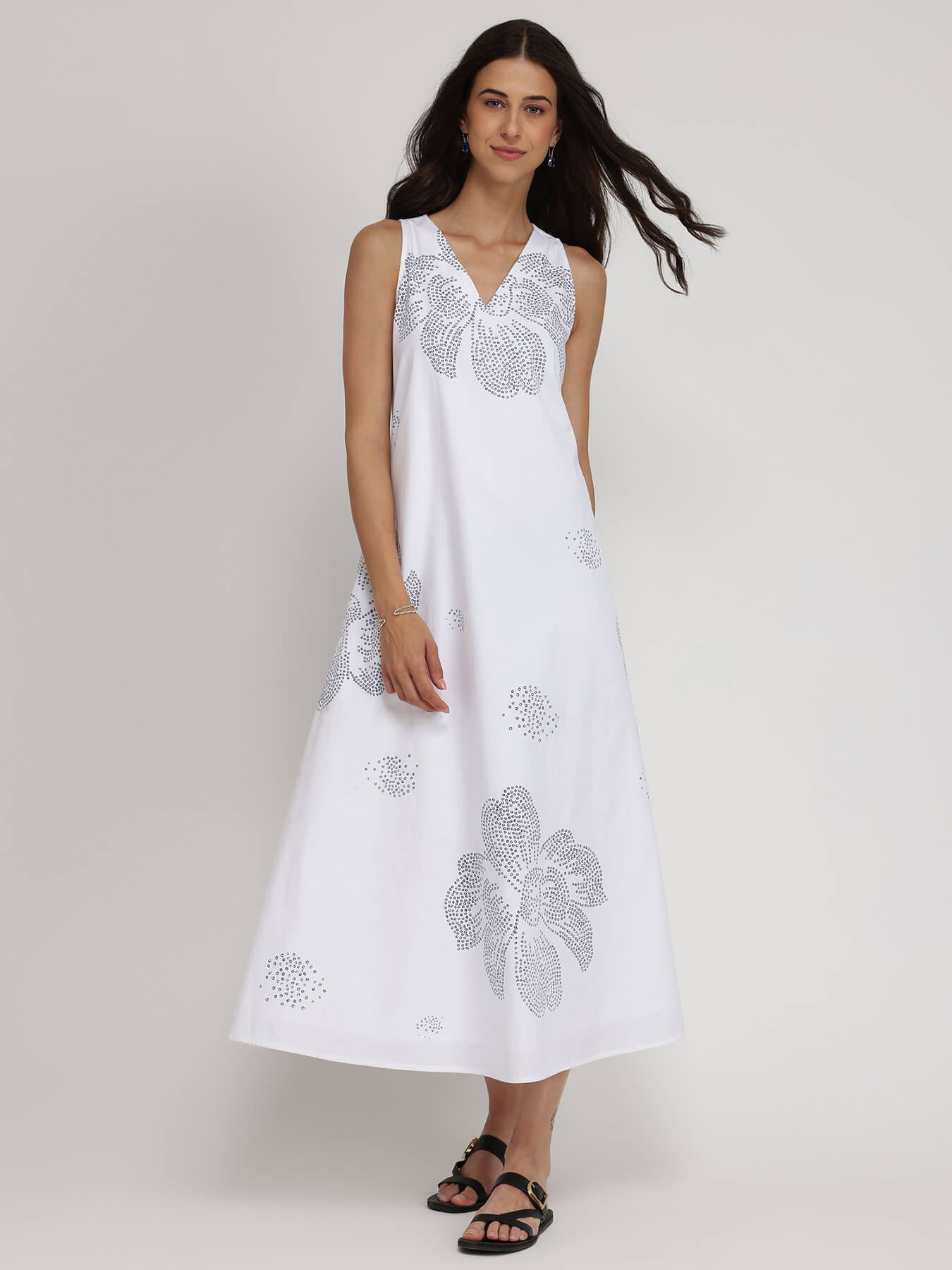 Cotton Bandhani Floral A-Line Dress - White