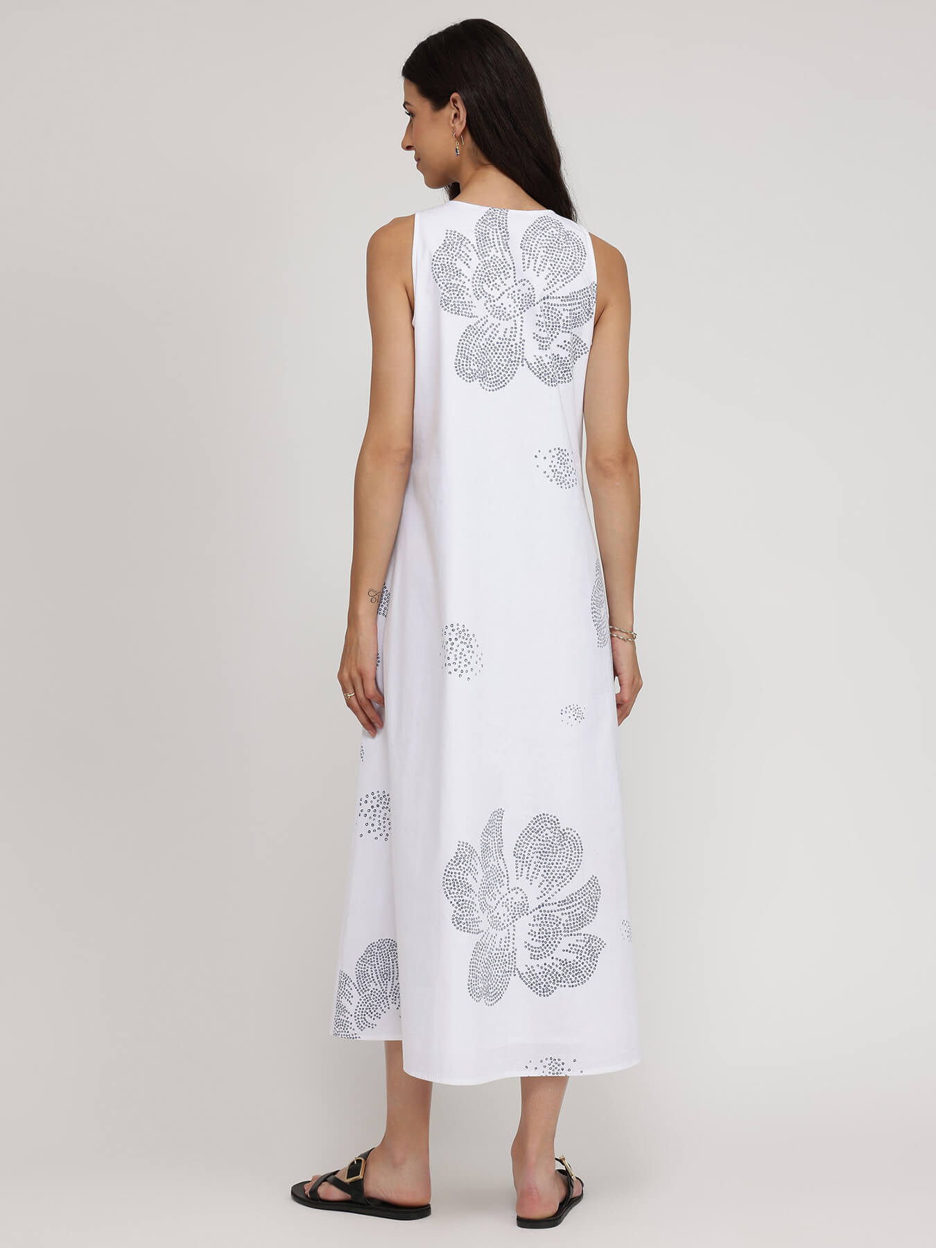 Cotton Bandhani Floral A-Line Dress - White