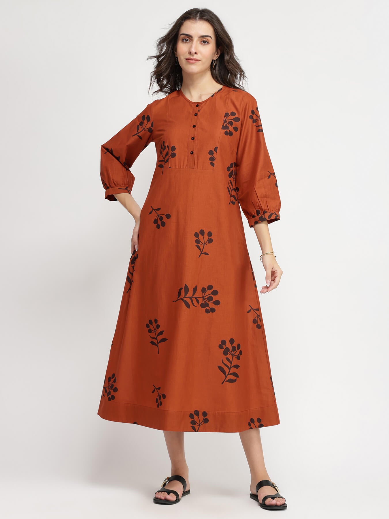 Cotton Floral A-Line Dress - Rust