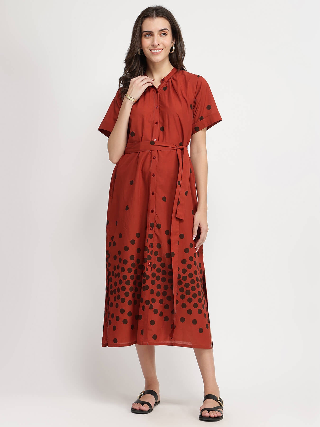 Cotton Polka Dress with Belt - Red & Brown
