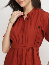 Cotton Polka Dress with Belt - Red & Brown