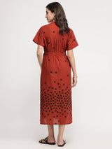 Cotton Polka Dress with Belt - Red & Brown