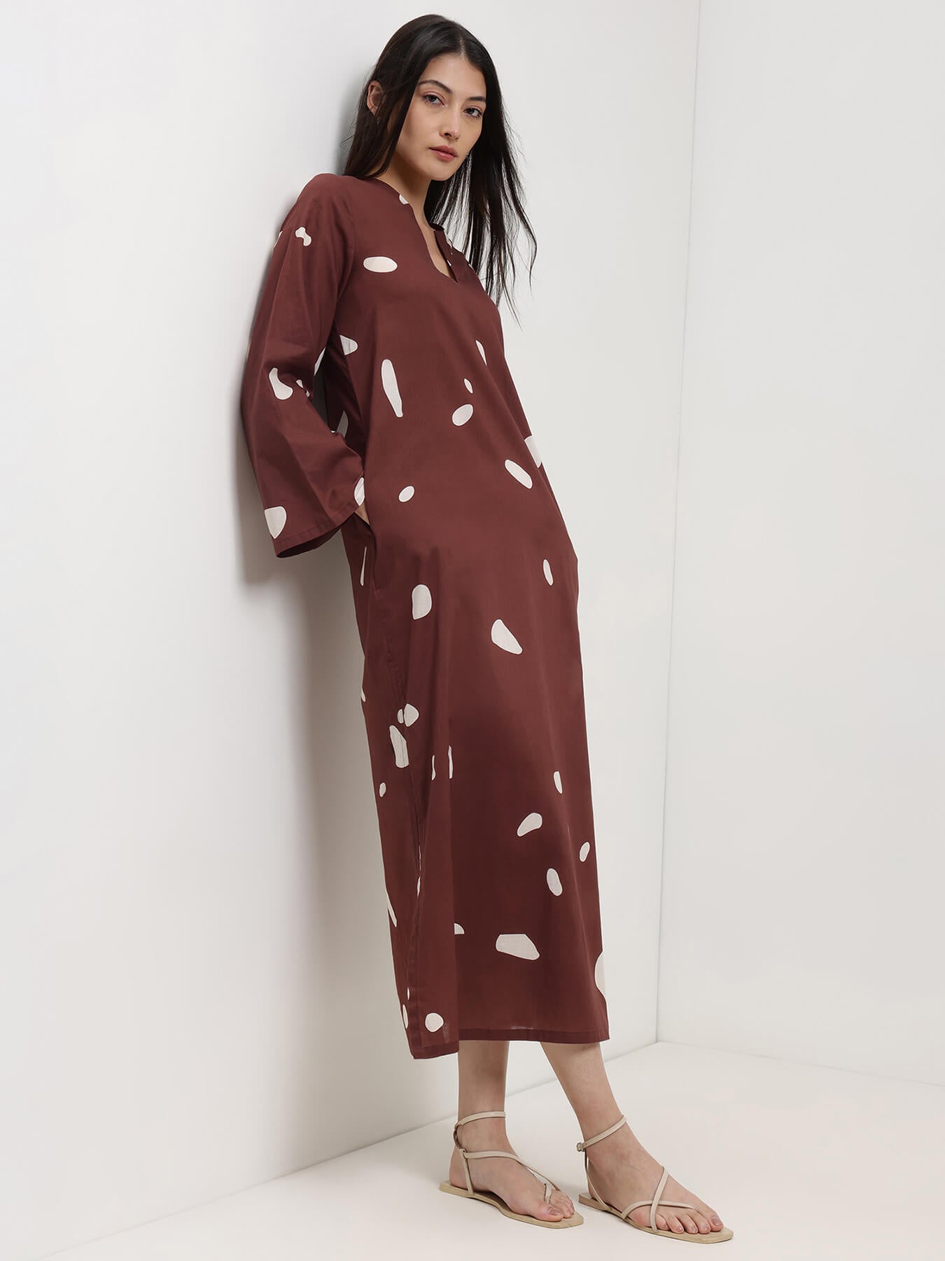 Cotton Abstract Print Dress - Brown