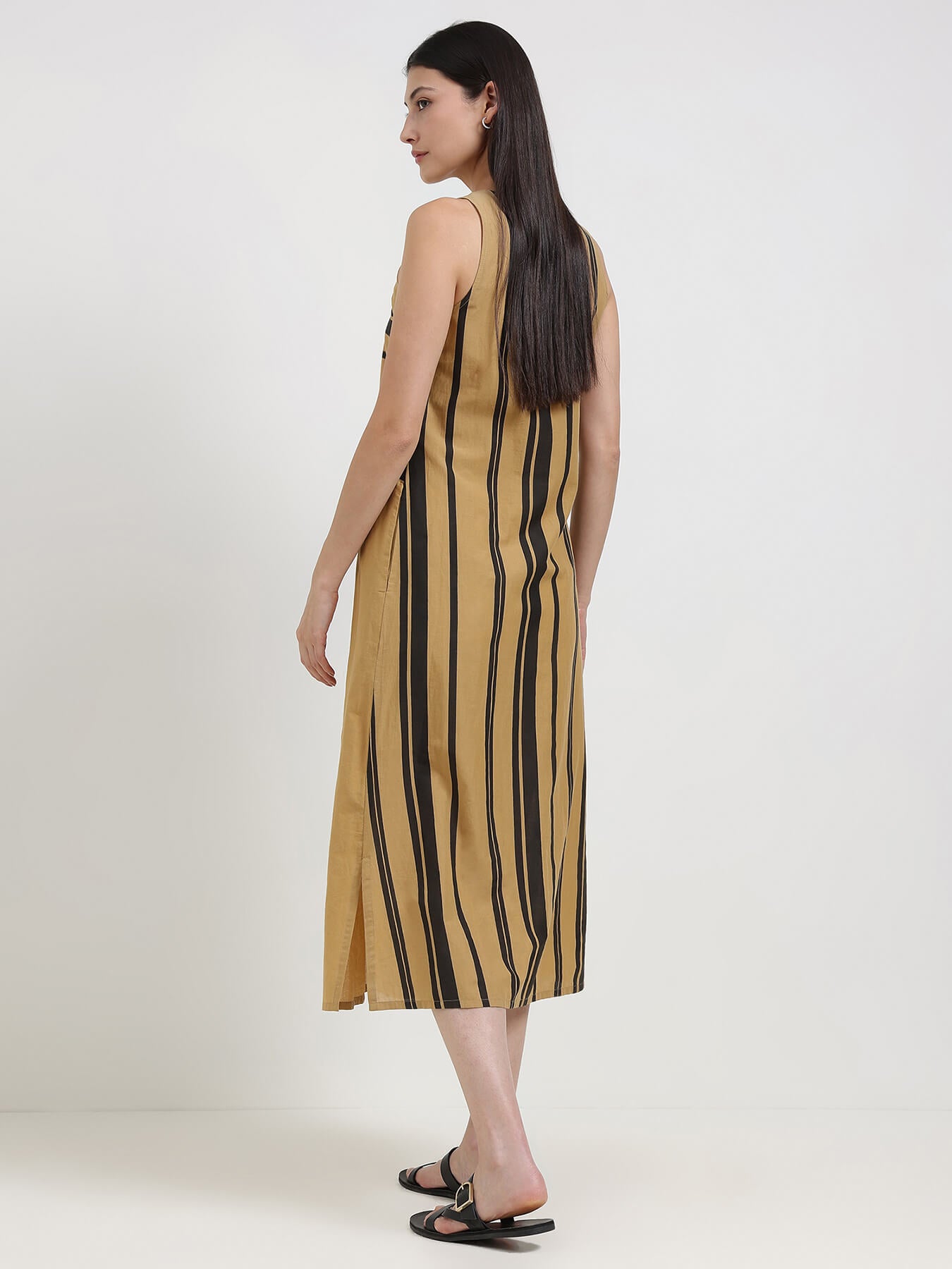 Cotton Stripe Play A-Line Dress - Beige & Black