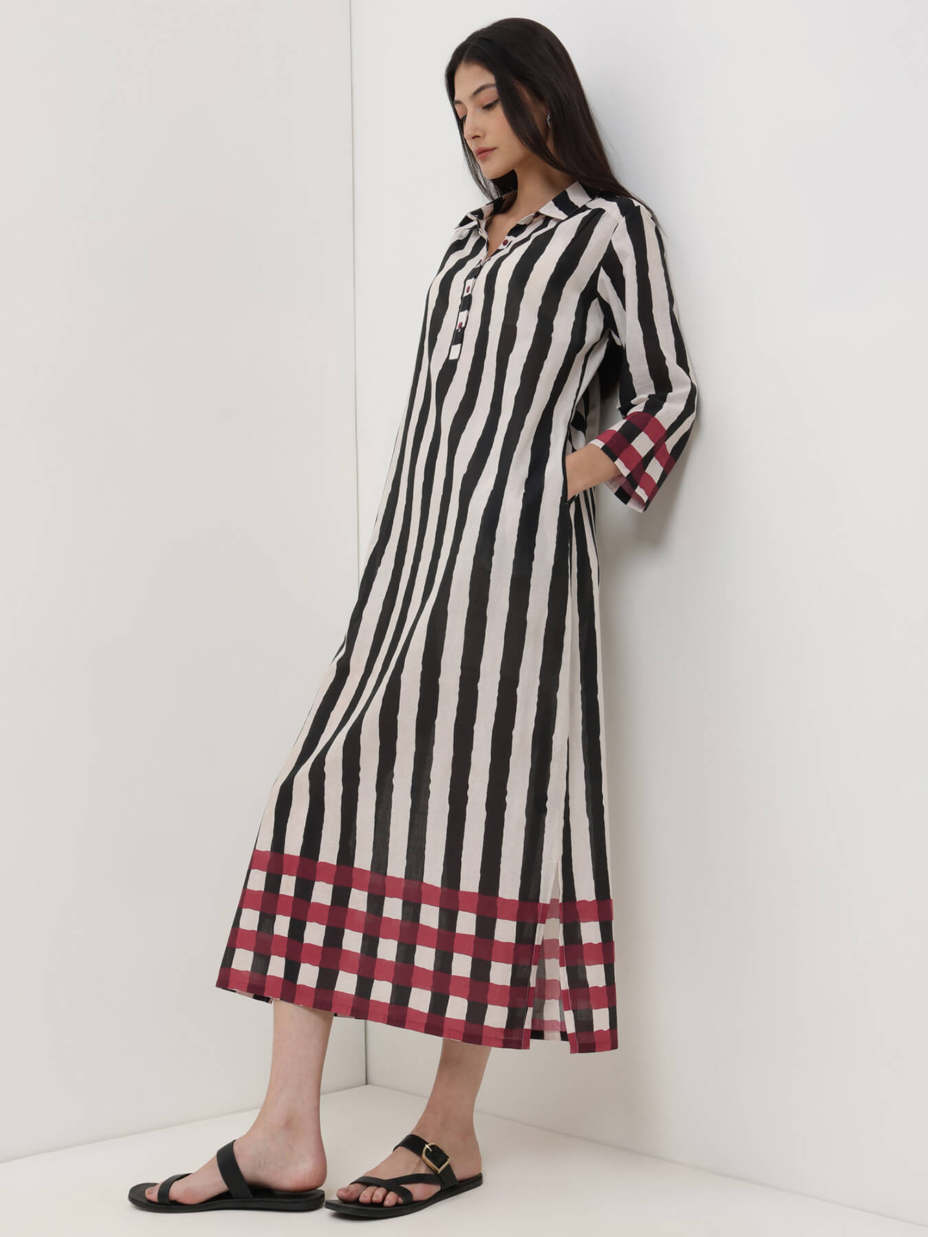 Cotton Stripe Play Shirt Dress - Black & Red