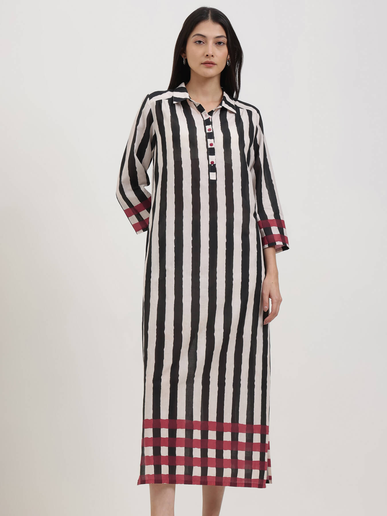 Cotton Stripe Play Shirt Dress - Black & Red