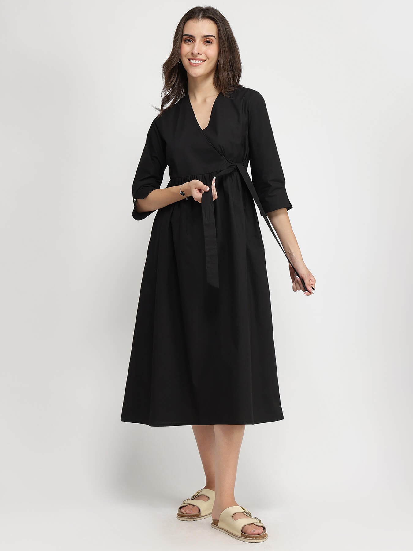 Cotton Solid Wrap Dress - Black