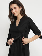 Cotton Solid Wrap Dress - Black