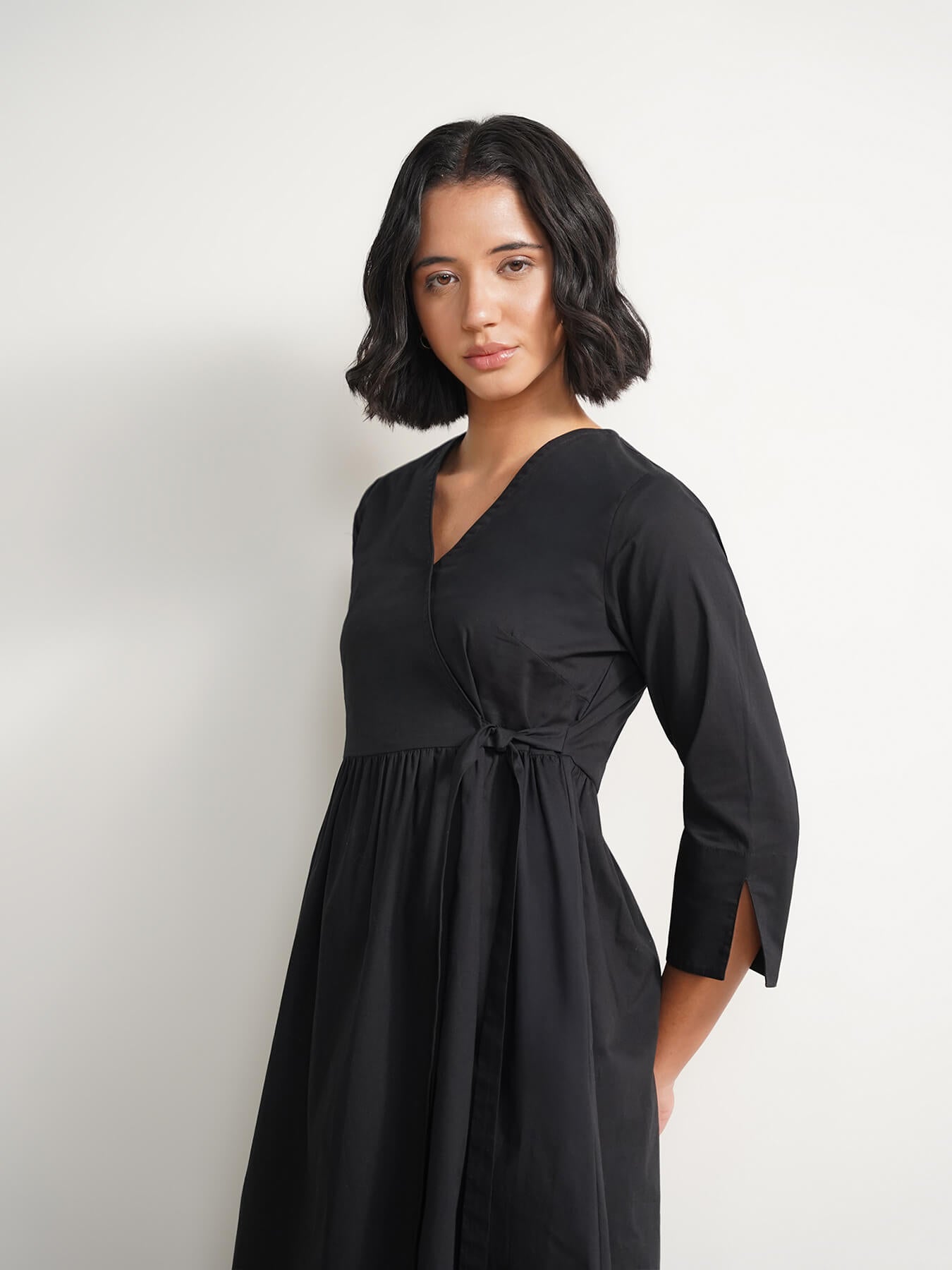 Cotton Solid Wrap Dress - Black