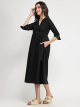Cotton Solid Wrap Dress - Black