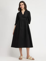 Cotton Solid Wrap Dress - Black
