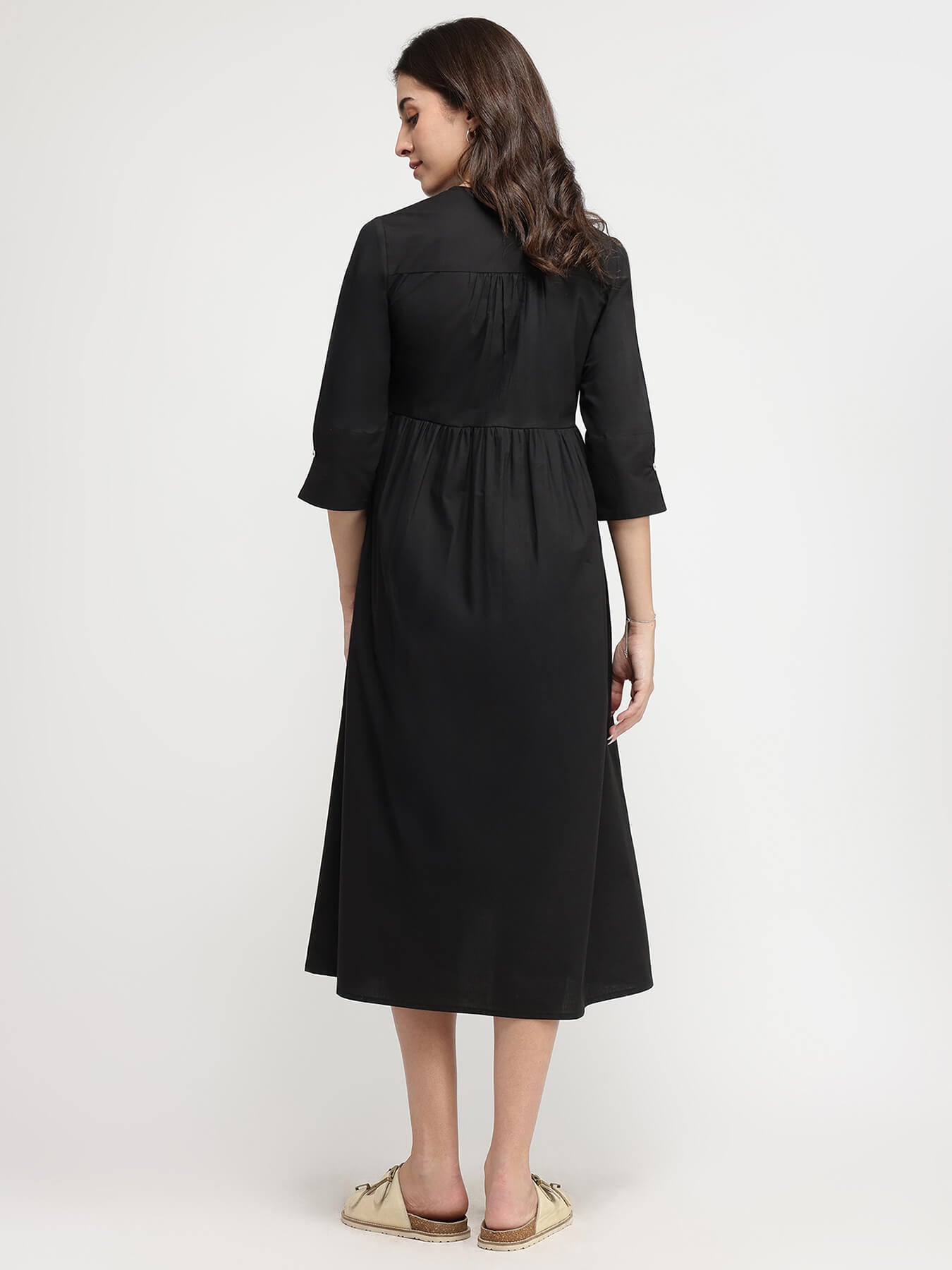 Cotton Solid Wrap Dress - Black