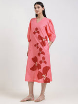 Cotton Floral A-Line Dress - Pink