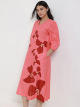 Cotton Floral A-Line Dress - Pink