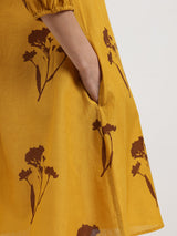 Cotton Floral A-Line Shirt Dress - Yellow & Brown