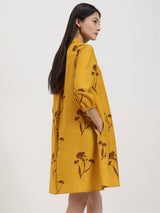 Cotton Floral A-Line Shirt Dress - Yellow & Brown