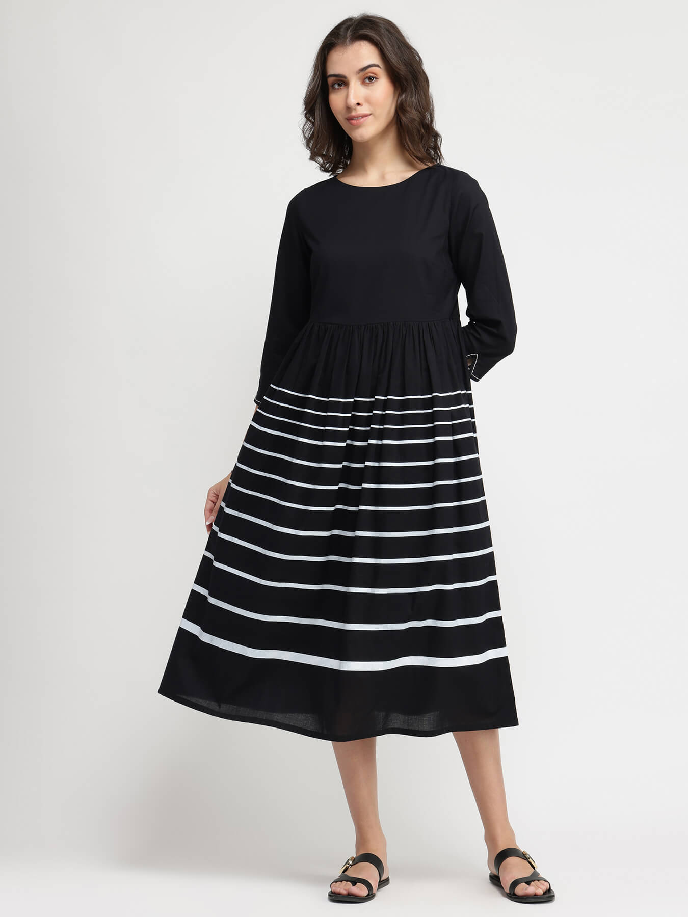 Cotton Striped Fit & Flare Dress - Black & White