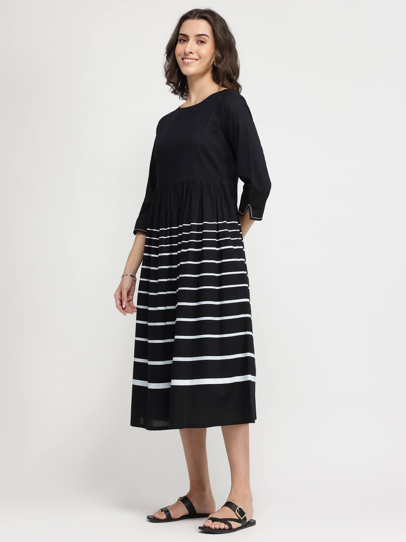 Cotton Striped Fit & Flare Dress - Black & White