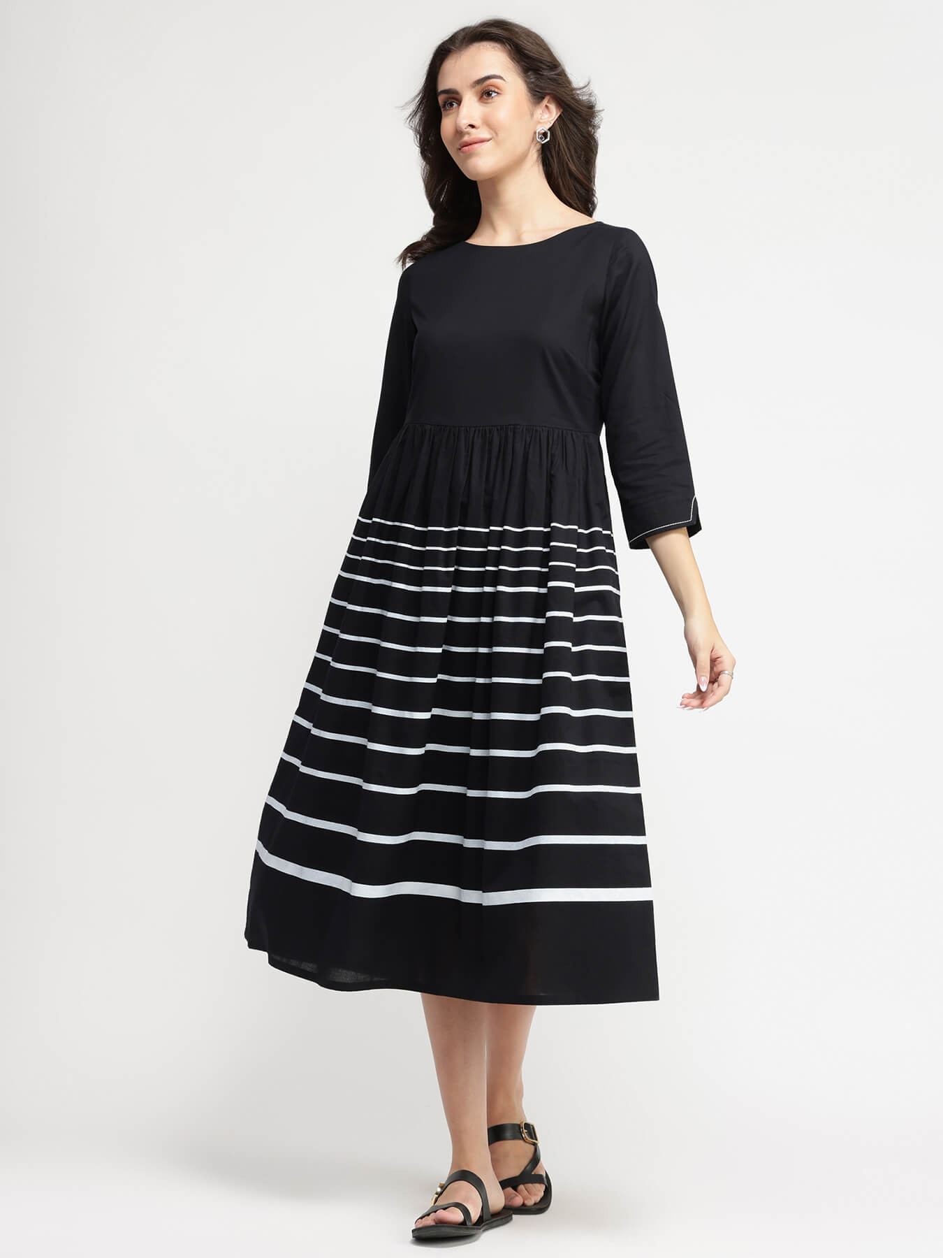 Cotton Striped Fit & Flare Dress - Black & White