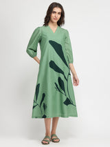 Cotton Floral A-Line Dress - Green