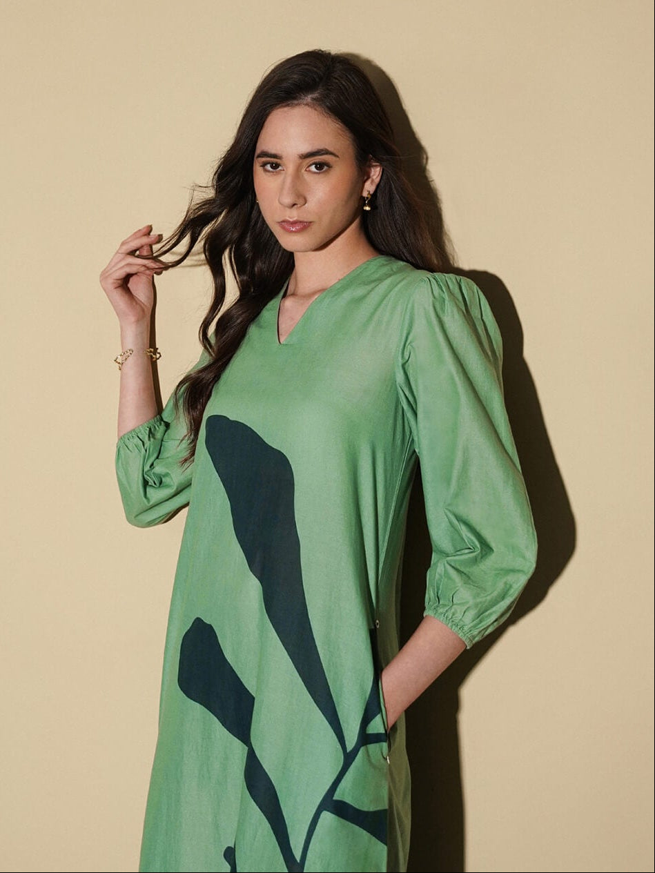 Cotton Floral A-Line Dress - Green