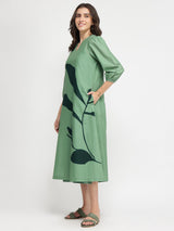 Cotton Floral A-Line Dress - Green