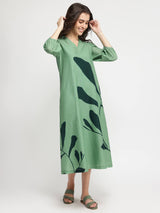 Cotton Floral A-Line Dress - Green