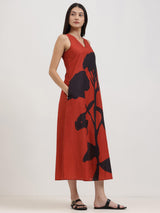 Cotton Floral A-Line Dress - Red and Black