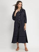 Cotton Stripe Play A-Line Dress - Navy Blue