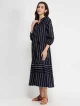 Cotton Stripe Play A-Line Dress - Navy Blue