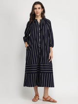 Cotton Stripe Play A-Line Dress - Navy Blue