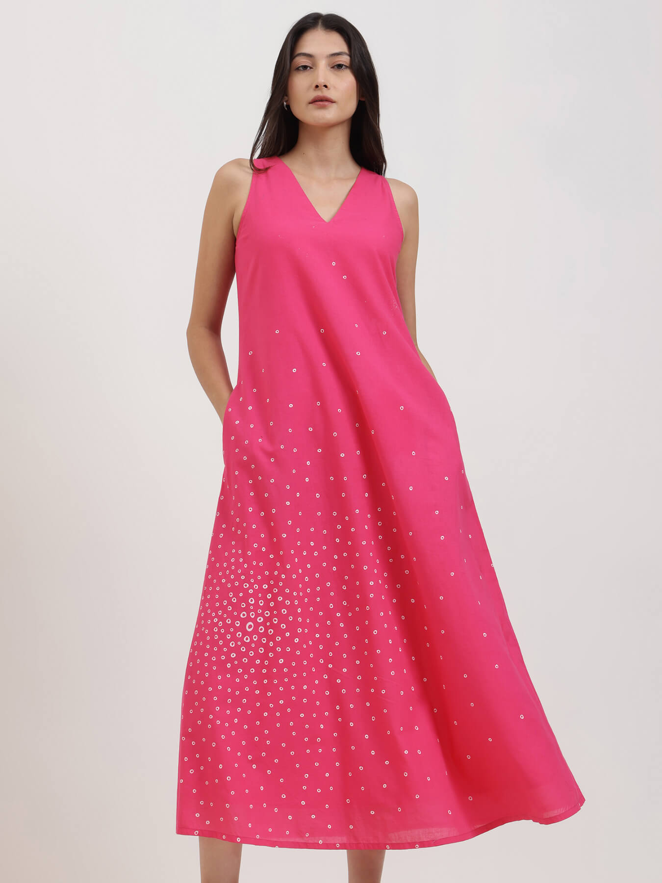 Cotton Bandhani A-Line Dress - Pink