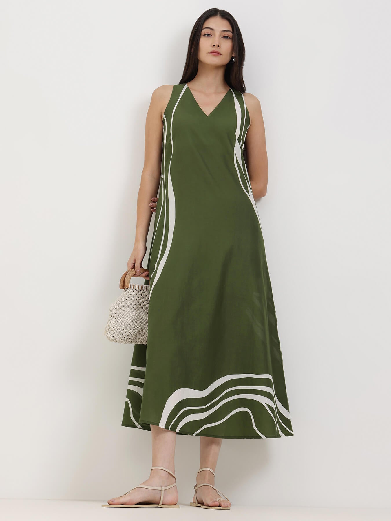 Cotton Abstract Print A-Line Dress - Olive