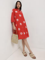 Cotton Dabu Polka A-Line Dress - Red