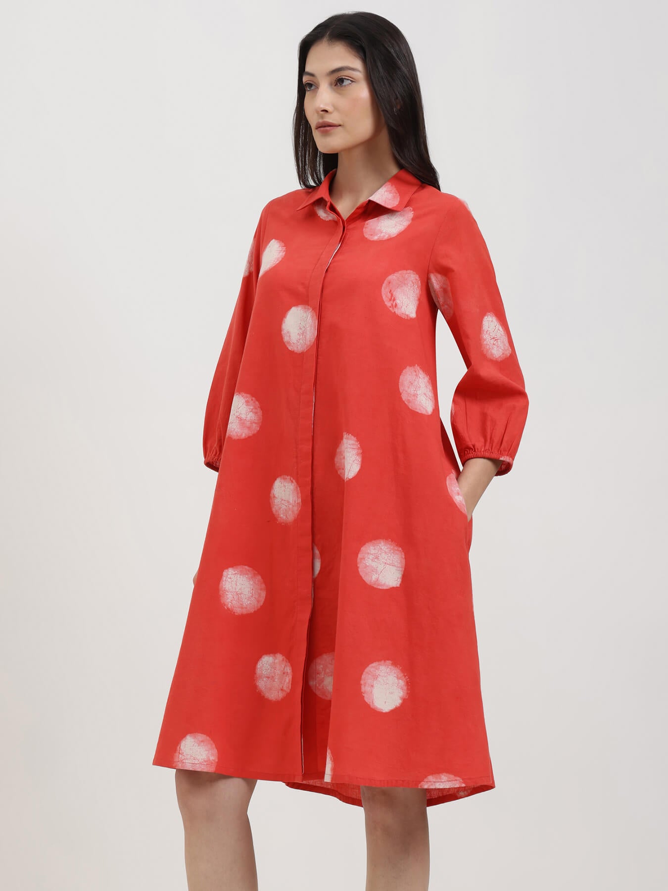 Cotton Dabu Polka A-Line Dress - Red