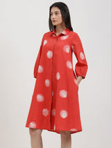 Cotton Dabu Polka A-Line Dress - Red