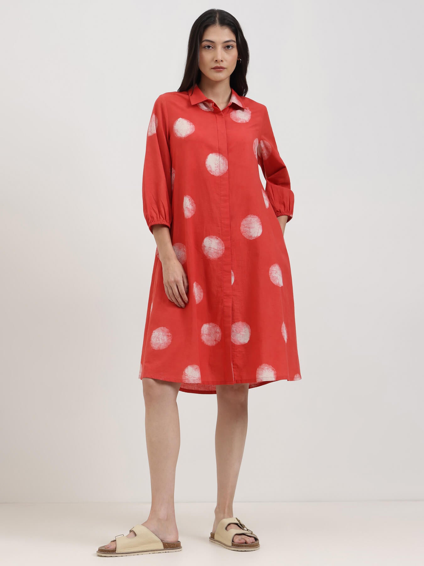 Cotton Dabu Polka A-Line Dress - Red
