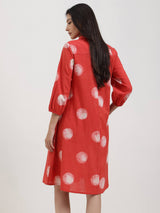 Cotton Dabu Polka A-Line Dress - Red
