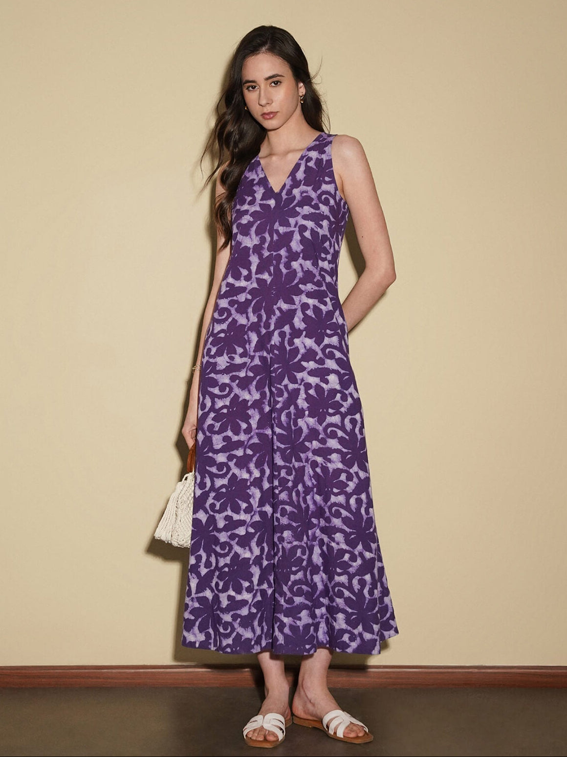 Cotton Dabu Floral A-Line Dress - Purple