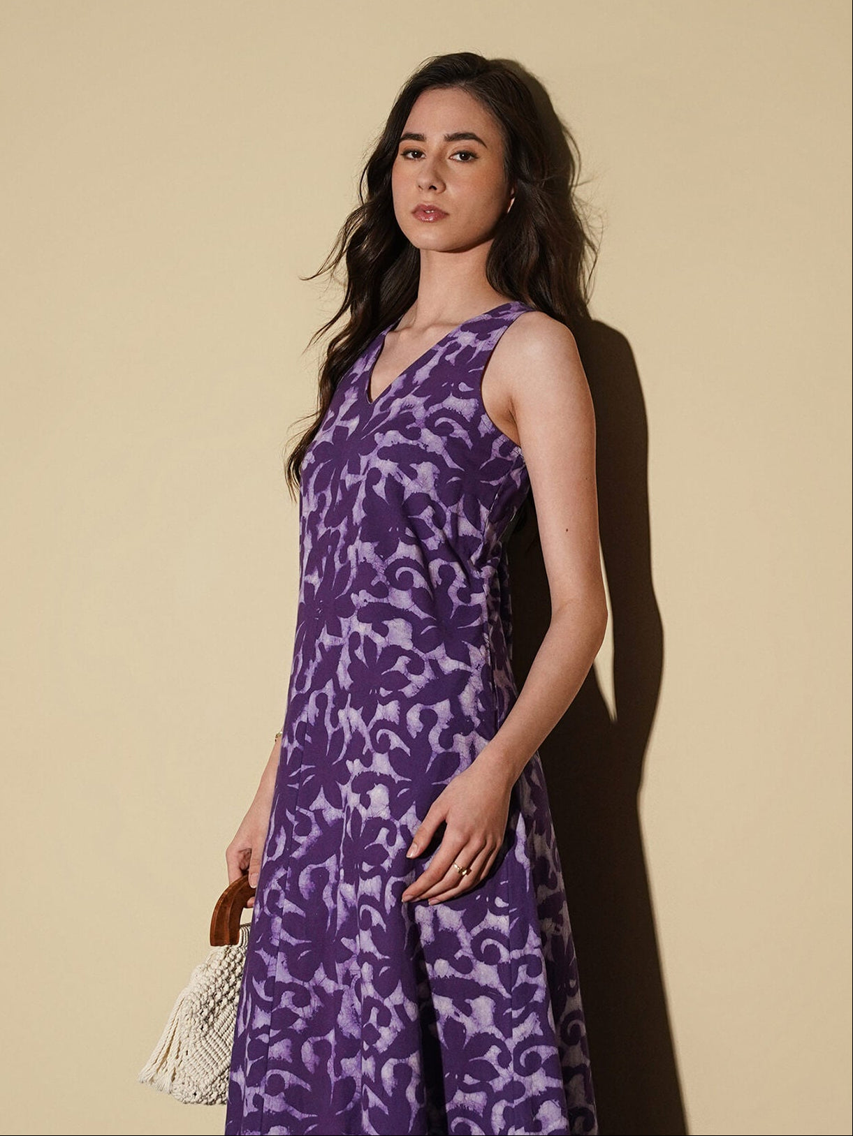 Cotton Dabu Floral A-Line Dress - Purple