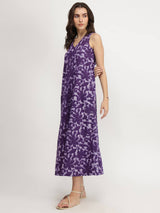 Cotton Dabu Floral A-Line Dress - Purple