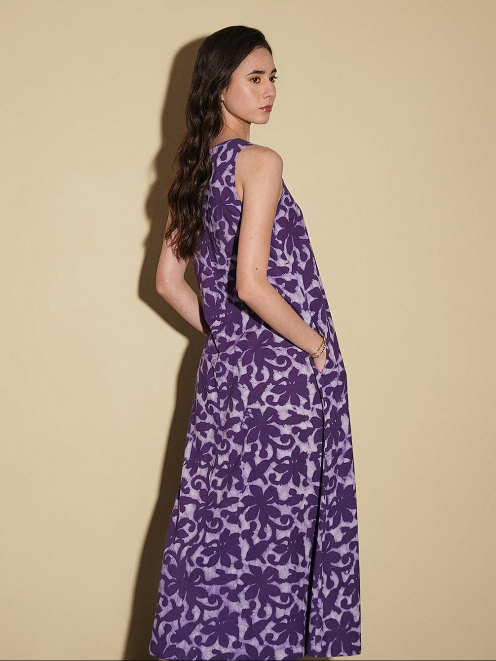 Cotton Dabu Floral A-Line Dress - Purple