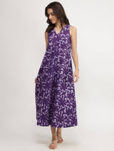 Cotton Dabu Floral A-Line Dress - Purple